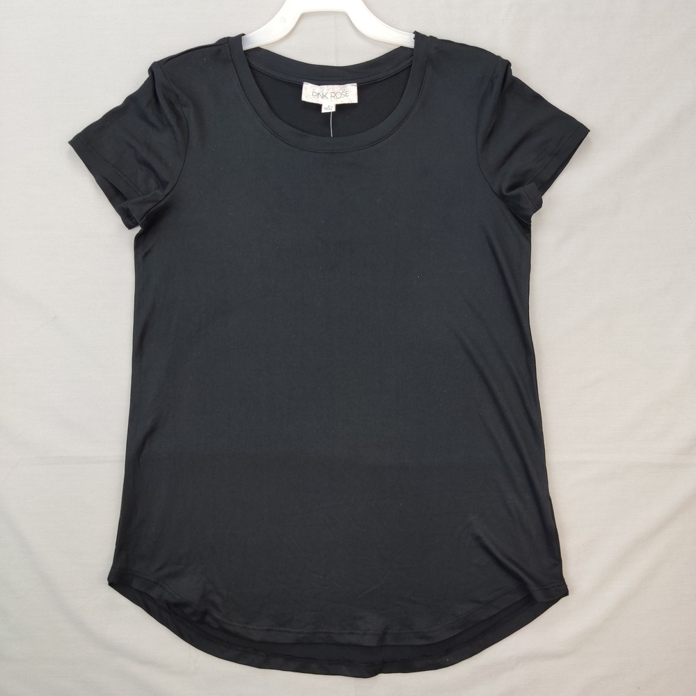 Pink Rose T-Shirt Women S Black PF1K10257 Crew Neck Curved Hem Short Sleeve